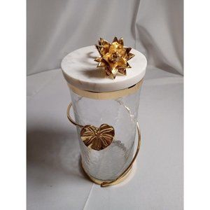 Canister with Gold Heart Detail and Real Marble Lid/Flower‎ Knob 8 & 3/4" Tall